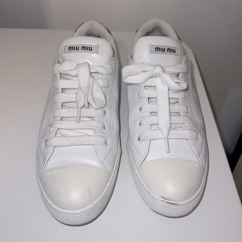 MiuMiu | Casual Style Plain Leather Glitter Logo Low-Top Sneakers